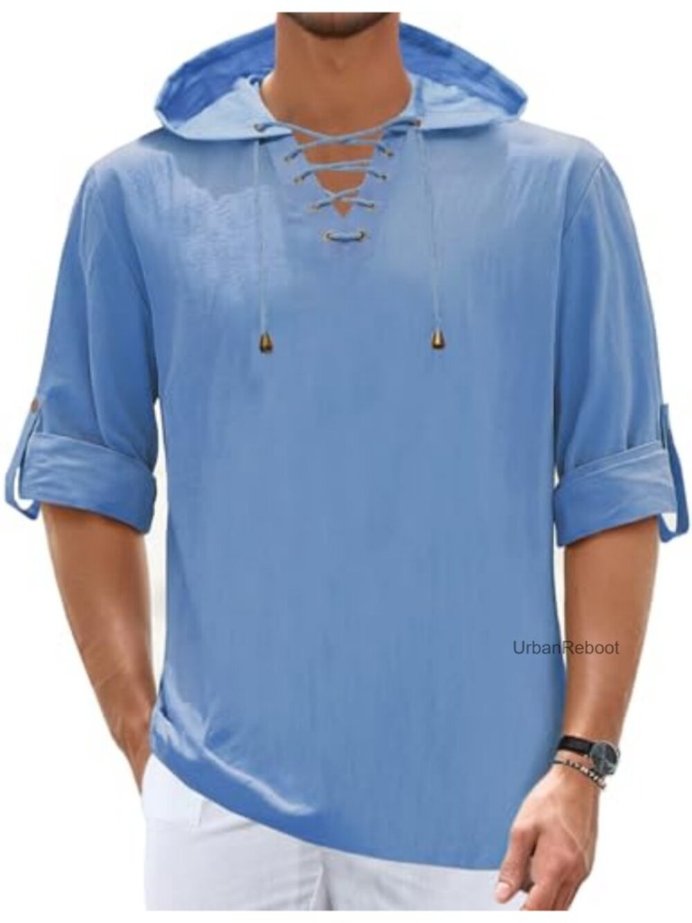 Mens Linen Shirt Long Sleeve Roll-Up Lace Up Hoodie Casual Beach Tunic Costume